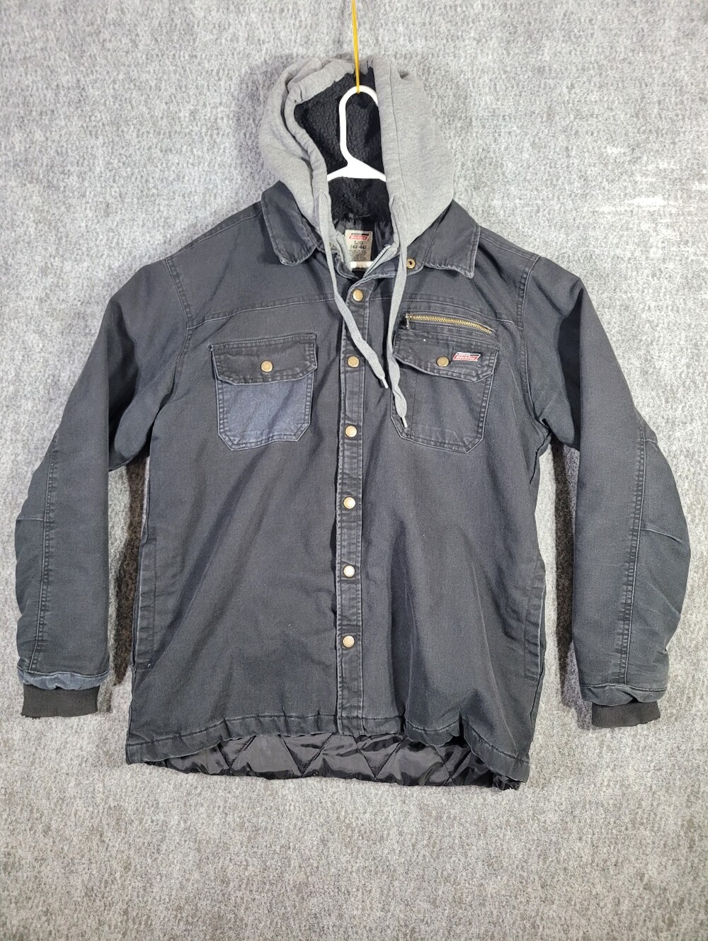 Dickies Mens L Black Hooded Canvas Work Jacket Quilted Lined Shirt Jacket Tear